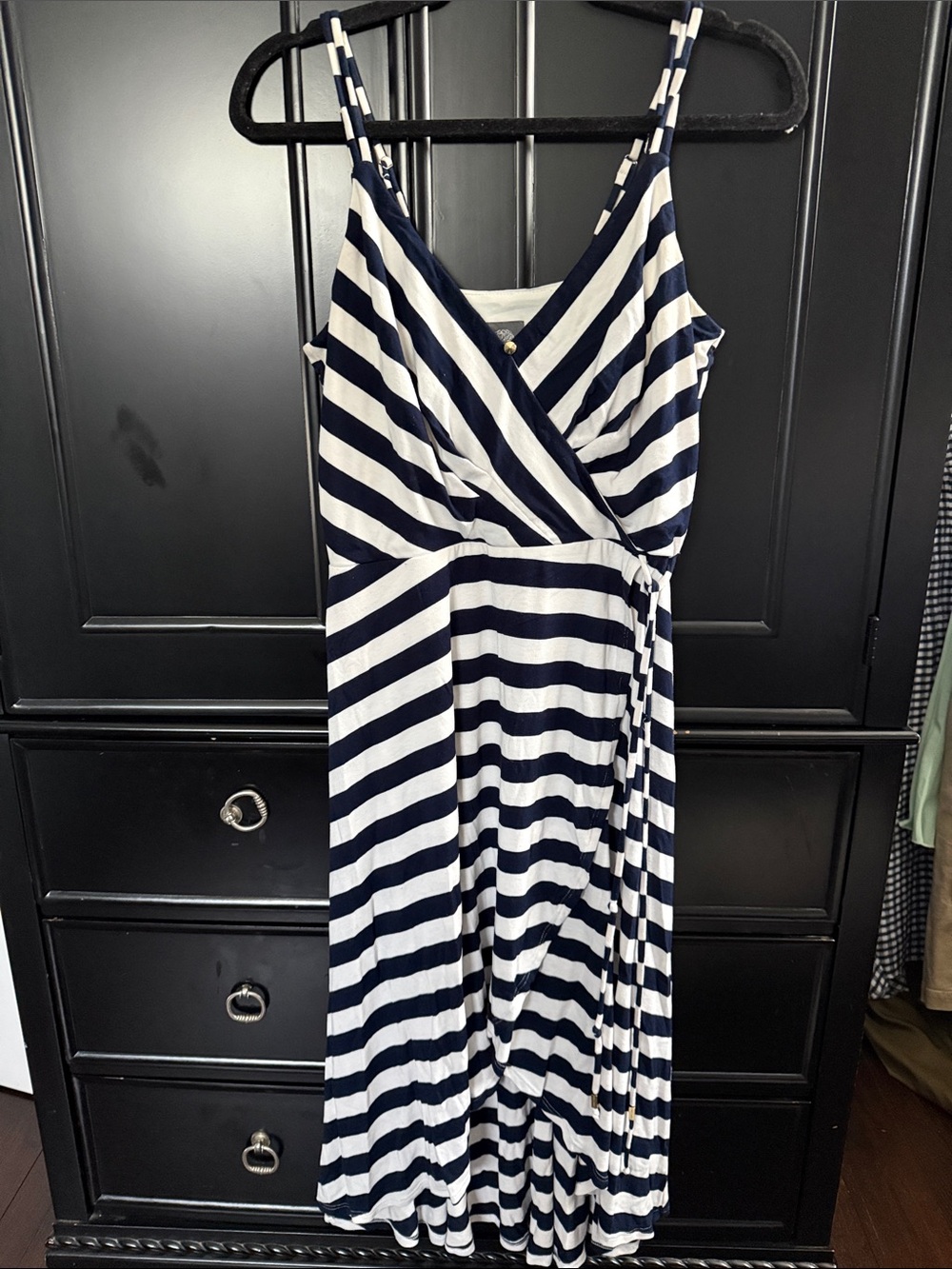 Vince Camuto Navy and White Striped Midi asymmetrical Wrap Dress